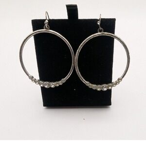 Silver Tone Hoop Earrings with Rhinestone Accents 1-1/2" Long